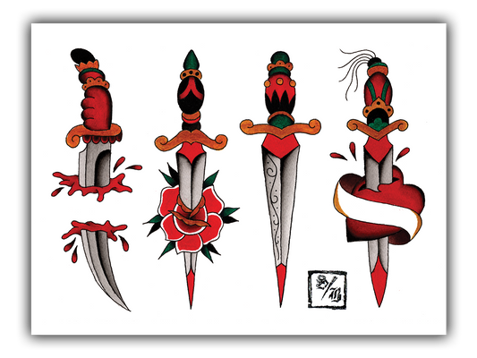 Classic Daggers Tattoo Flash Sheet