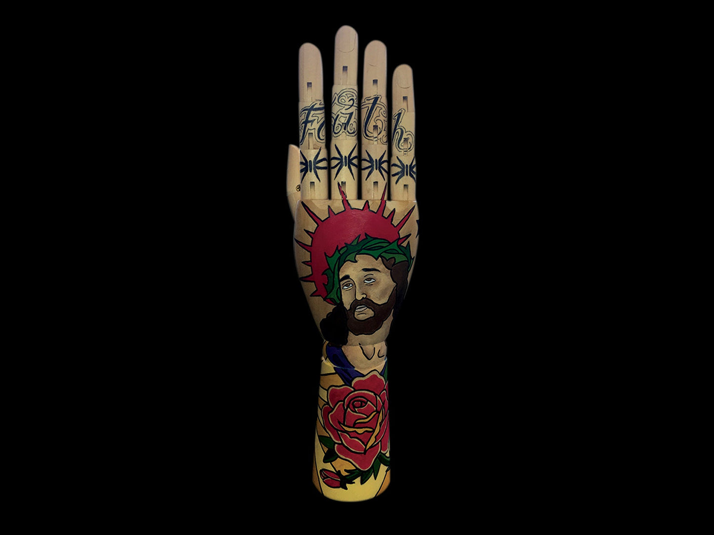 Religious Tattooed Wooden Hand