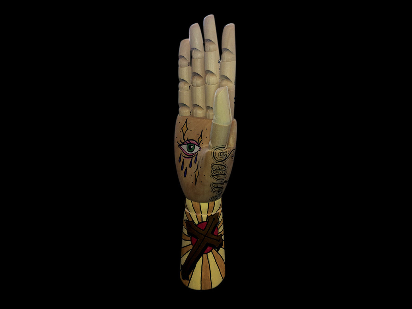 Religious Tattooed Wooden Hand