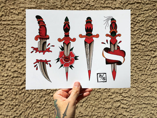 Classic Daggers Tattoo Flash Sheet