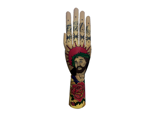 Religious Tattooed Wooden Hand