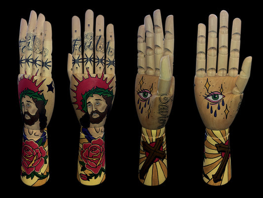 Religious Tattooed Wooden Hand