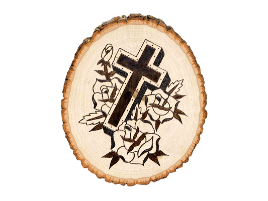 Cross & Roses Wood Burning